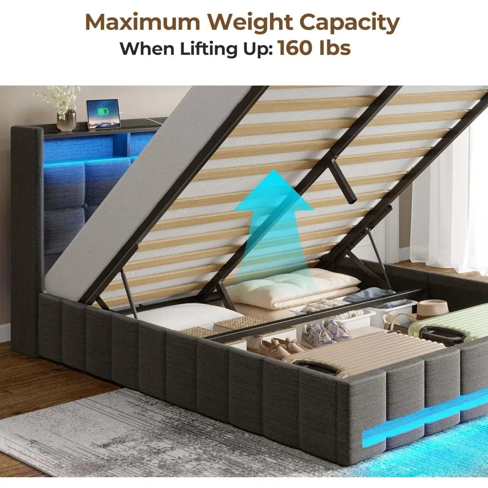 Bed Frame Queen Size with Lift up Storage, Charging Station & LED Lights, Upholstered Storage Headboard, No Box Spring Needed,