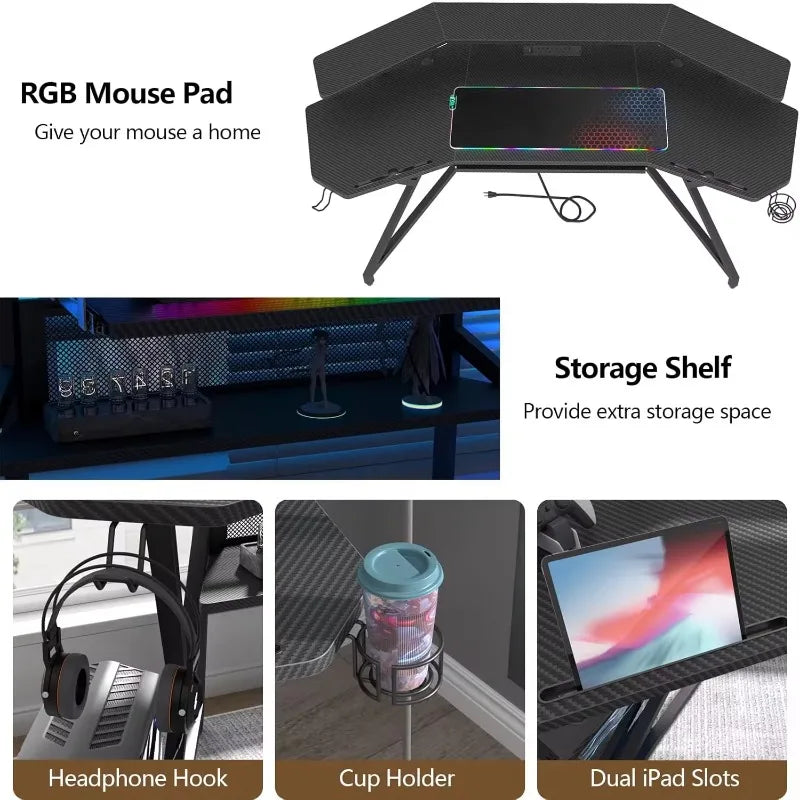 72" Gaming Desk with Power Outlet & Led Strip, Large Wing-Shaped Computer Desk W Monitor Stand & Keyboard Tray & RGB Mouse Pad