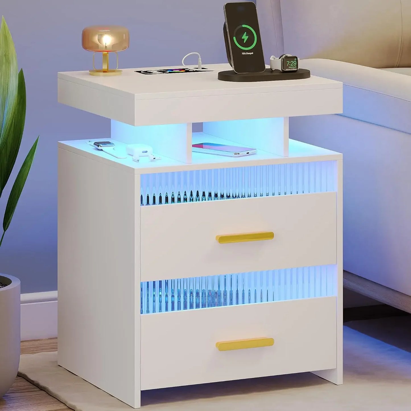 With Charging Station: All in One Nightstand with Drawers Bedside Table with LED Light & Human Sensor Design Modern End Table