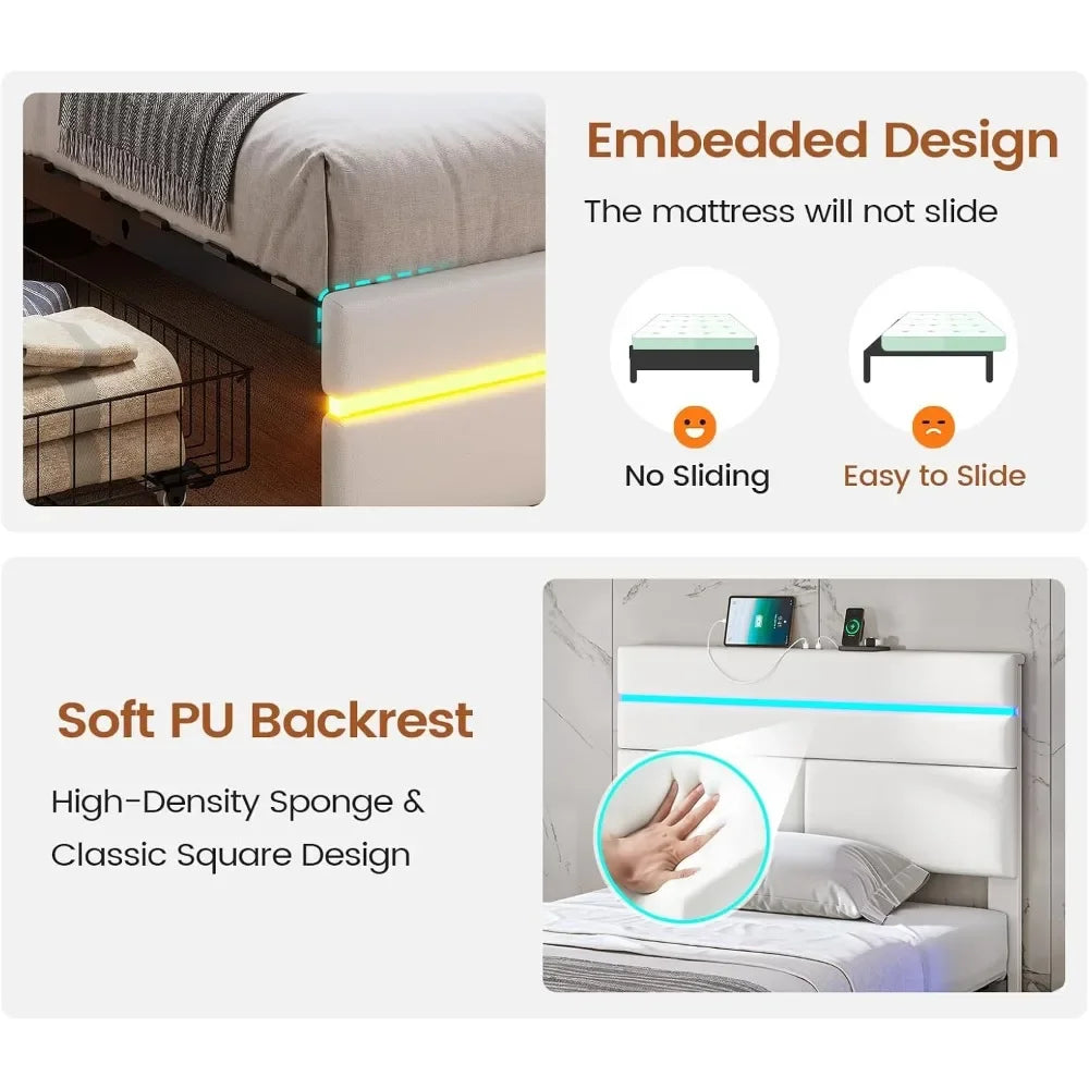 Twin Size Bed Frame with 4 Storage Drawers & Headboard, Charging Station, Led Upholstered Bed Frame
