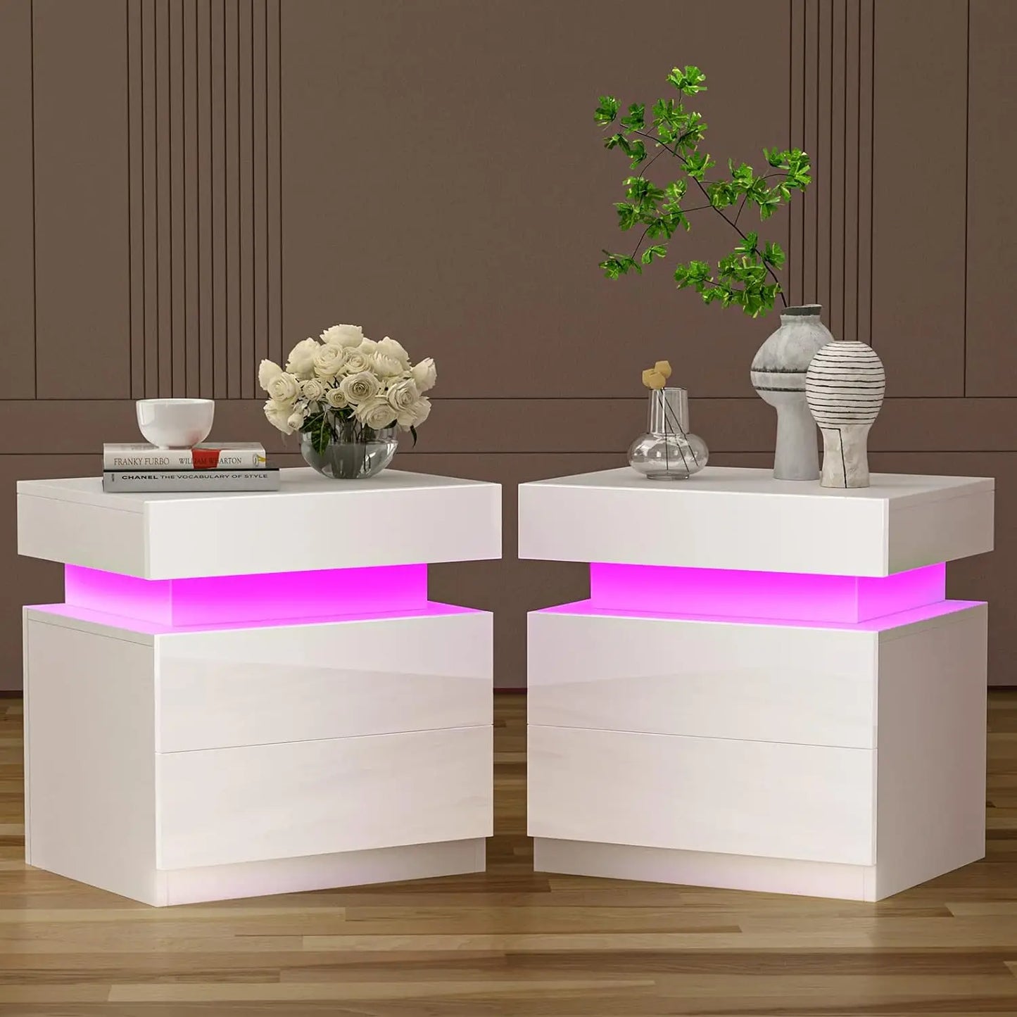 LED Nightstand Set of 2 with 3 Drawers, I Flapping Top Box for Bedroom, Living Room, High Gloss Panel Modern LED Nightstand