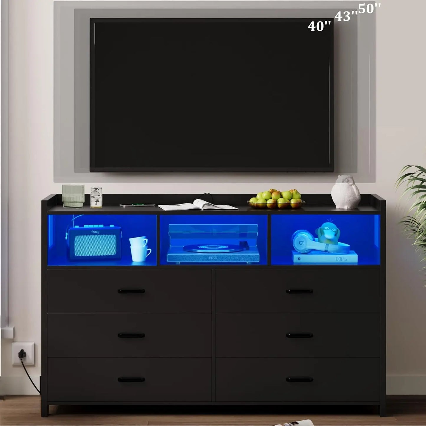 6 Drawer Dressers & Chests of Drawers with Power Strip, Modern Dressers Wooden Storage Cabinet for Adults