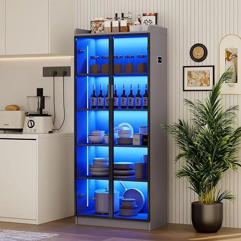 Bookcase, 65" Tall Pantry Organizer with Metal Handle/Led Lights/Human Sensor, 5 Tier Display Bookcase