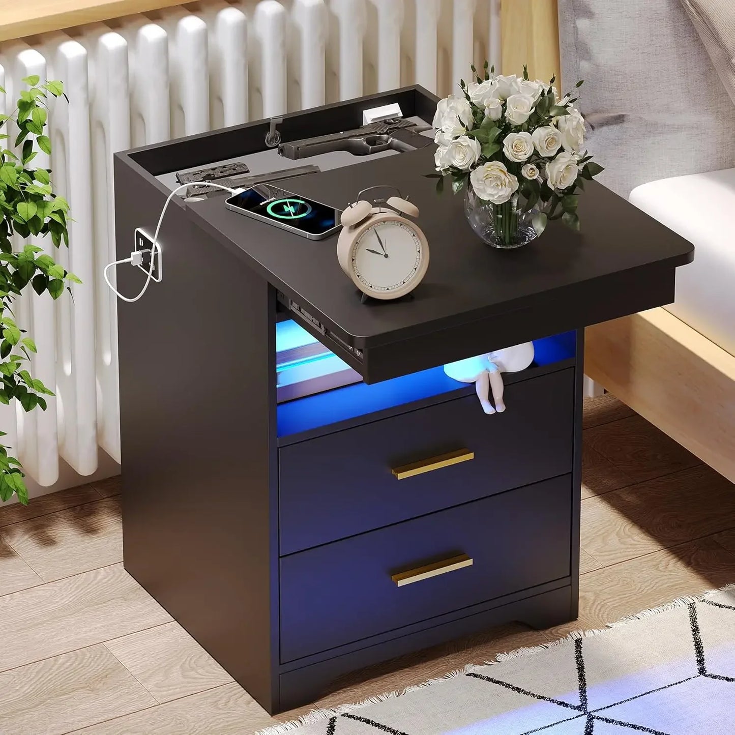 Nightstand with Gun Drawer, Charging Bedside Table with USB & Type-C Port, LED Night Stand with Human Sensor , Modern End Table
