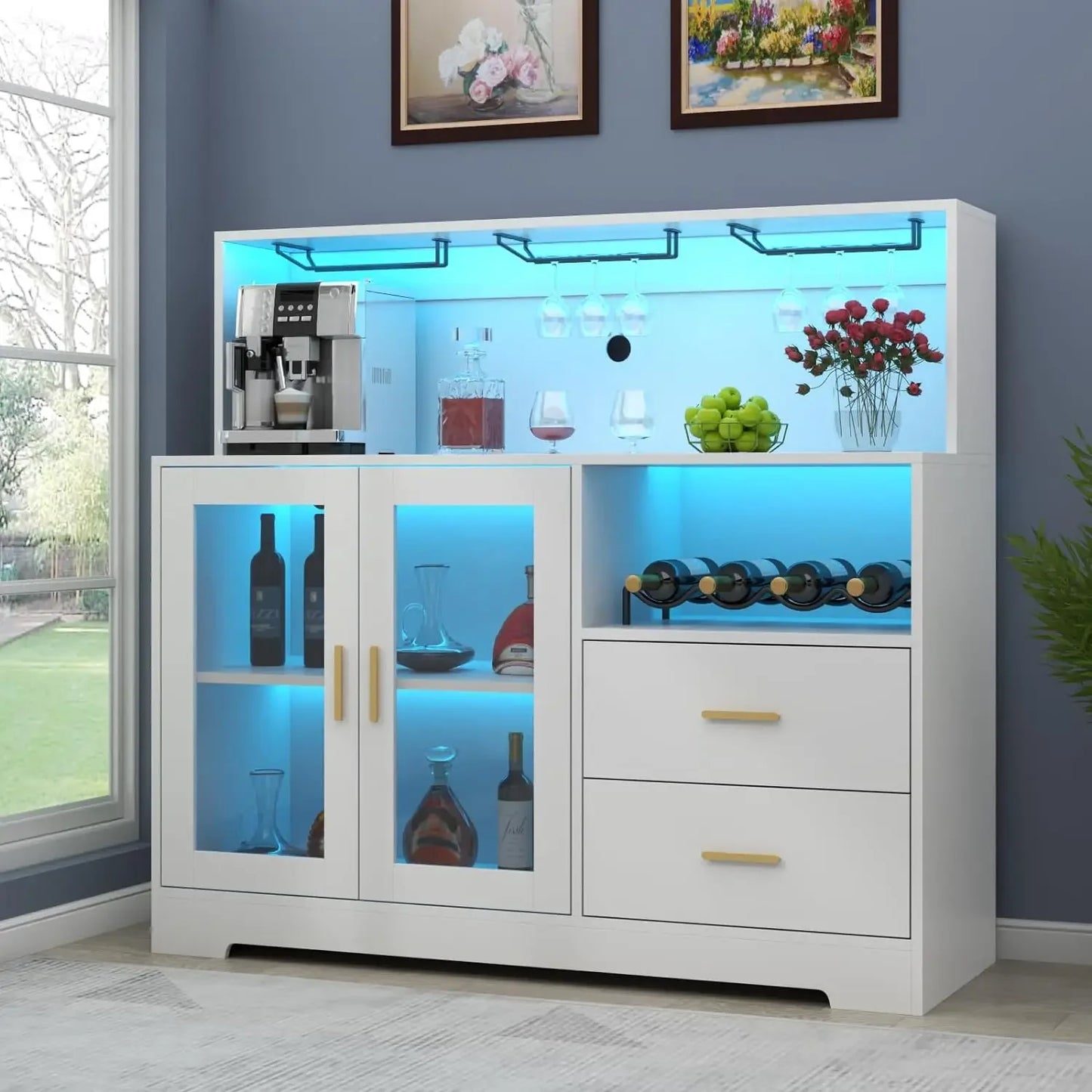 Wine Bar Cabinet with LED Light, Home Wine Cabinet with Wine and Glass Rack, Modern Liquor Cabinet for Living Room Dining Room
