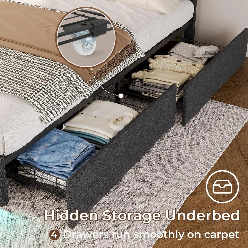LED Bed Frame W 4 Drawers and 2 USB Charging Station, Upholstered Platform Queen Size Bed Frame W LED Lights Headboard Footboard