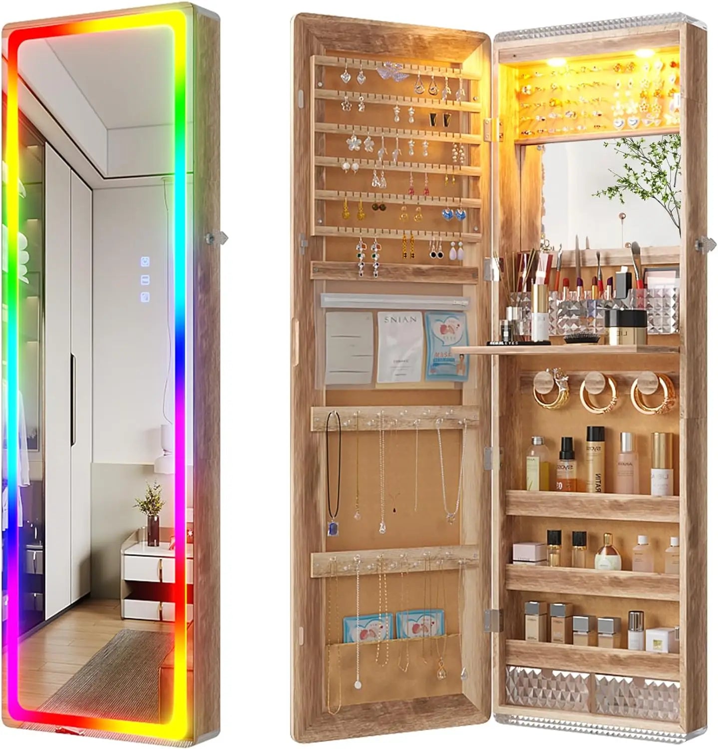 LED Mirror Jewelry Cabinet with RGB Lights,47.2" Wall Mounted Jewelry Organizer with Full-Length Mirror,Over the Door Hanging