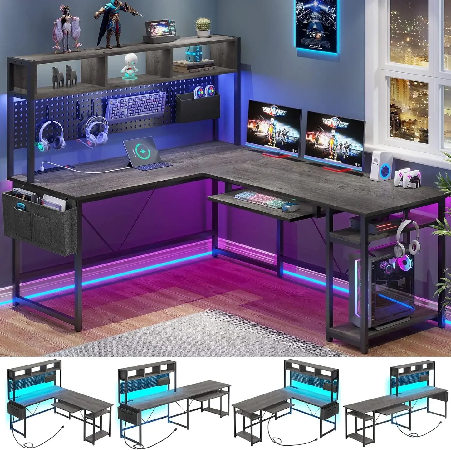 L-Shaped Game Table, Reversible Computer Desk with Power Socket and Pin Board, LED Light, Keyboard Tray for Home Office, Black