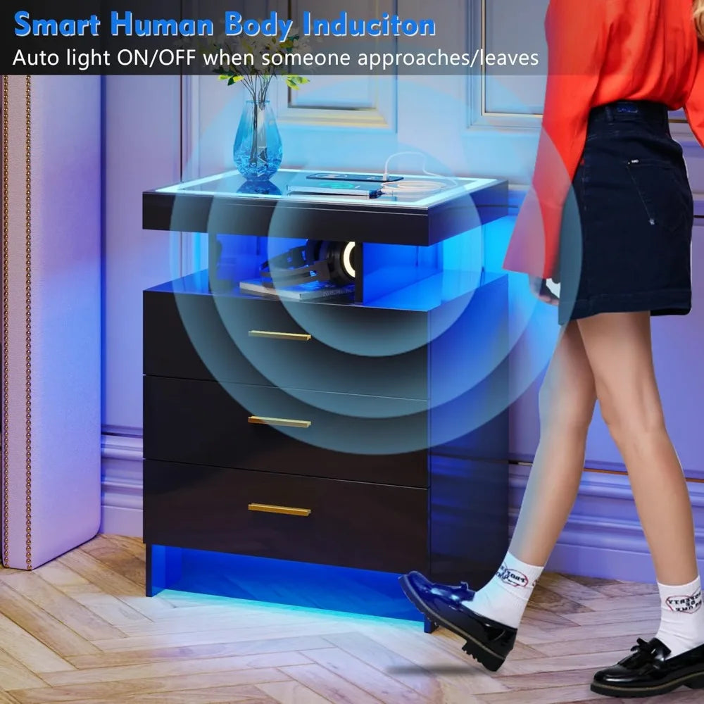 LED Nightstand with Wireless Charging Station with 3 Drawers & 3 Open Compartments, Nightstand