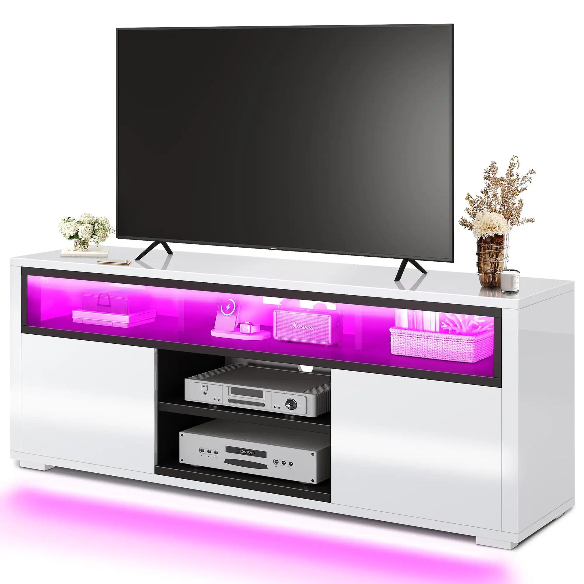 High Gloss TV Stand with LED Lights, Modern Media Console Table with Storage Cabinet for 70 Inch TV White