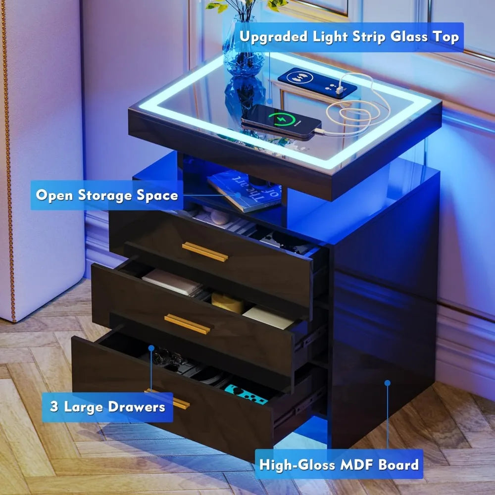 LED Nightstand with Wireless Charging Station with 3 Drawers & 3 Open Compartments, Nightstand