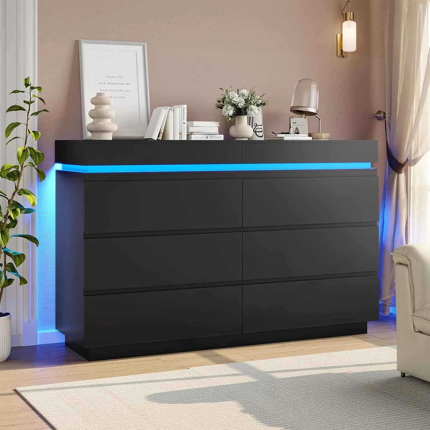 6-Drawer Vanity, Sliding Tabletop, Wide Chest of Drawers with Charging Station and LED Lights, Large Cabinet for Clothes Storage