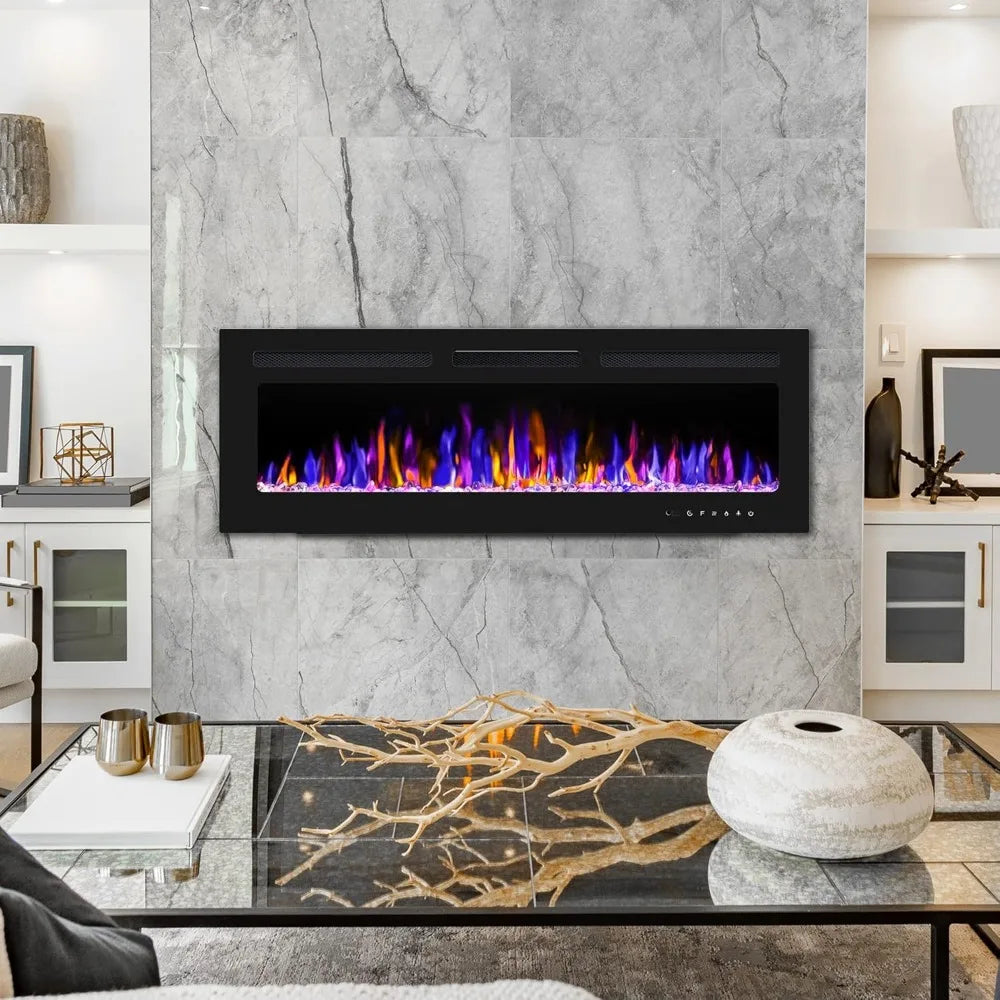 50" Electric Fireplace Wall Mounted and Recessed with Remote Control, 750/1500W Ultra-Thin Wall Fireplace Heater W/Timer