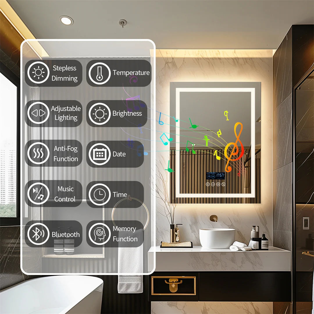 Bluetooth Bathroom Mirror Time Temperature Display Wall Hang Vanity Mirror with Bluetooth Speaker Dimmable Anti-Fog