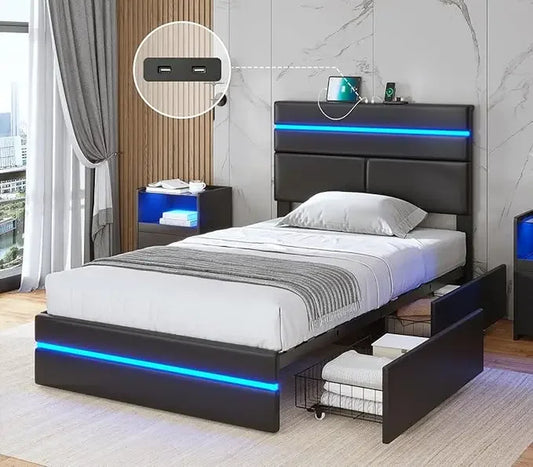 Twin Size Bed Frame with 4 Storage Drawers & Headboard, Charging Station, Led Upholstered Bed Frame
