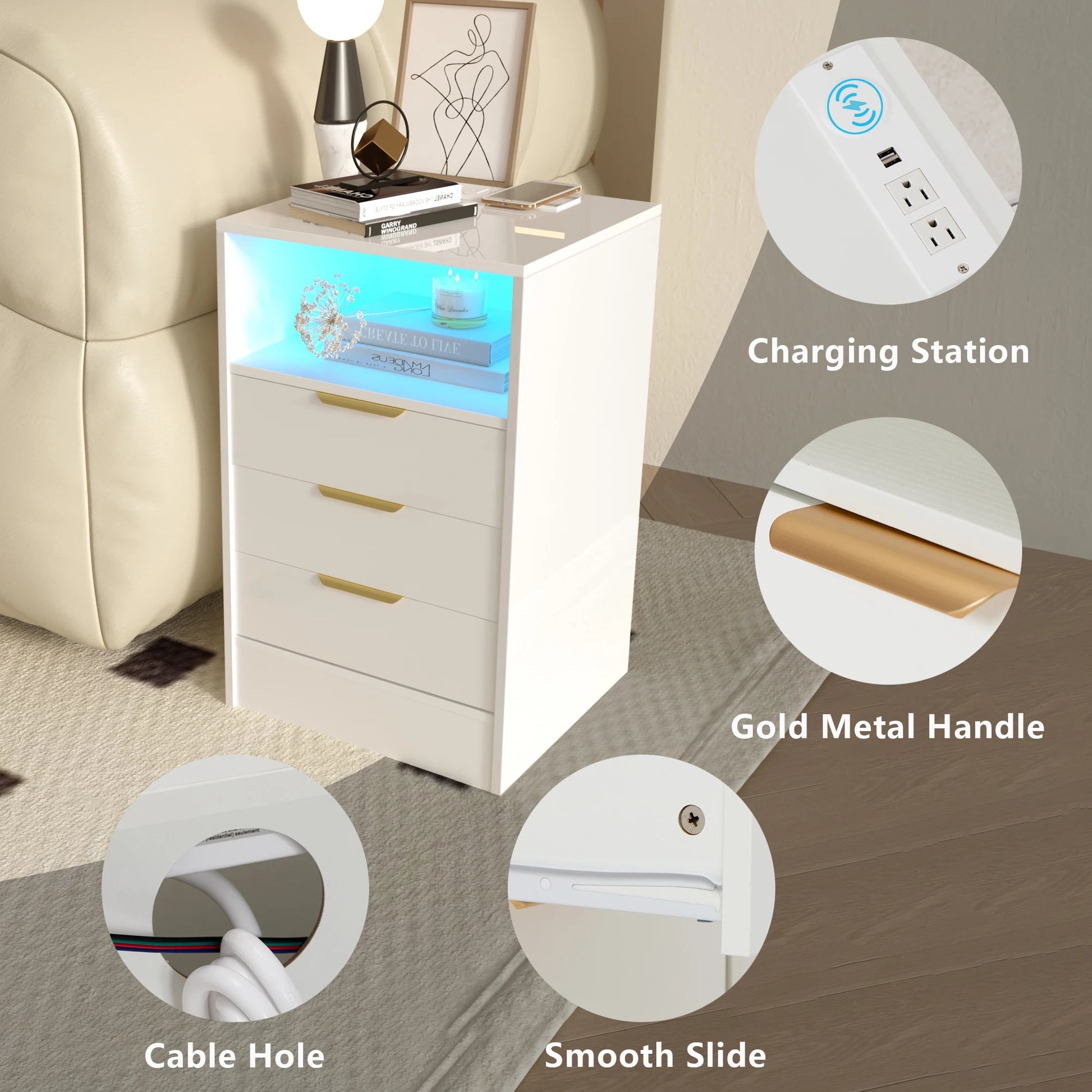 2PCS LED Nightstands Set High Gloss Bedside Table with Wireless Charging Station, Modern End Table with 3 Drawers