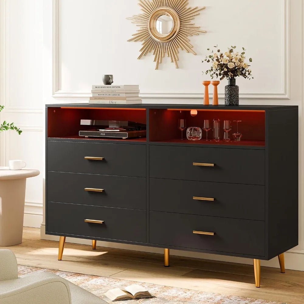 Dresser for Bedroom Black Dresser with LED 6 Drawers Dresser with Large Organizer Wood Dressers & Chests of Drawers