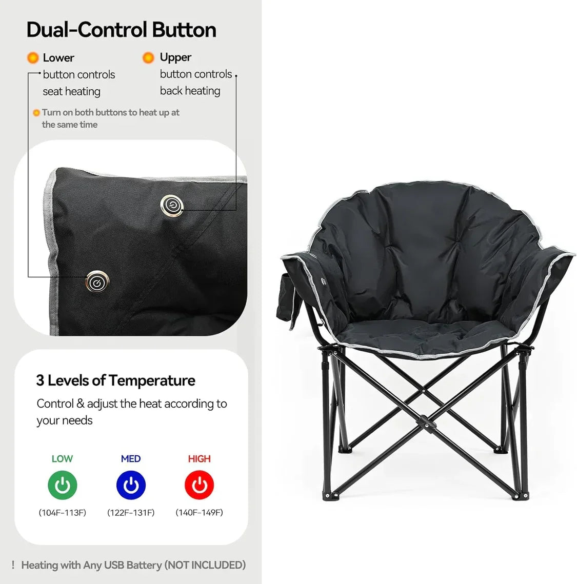 Kinnls Oversized Outdoor Portable Heated Folding Chair Lounge Support 500 Lbs Oxford Fabric Roomy Camping Chair for Fishing