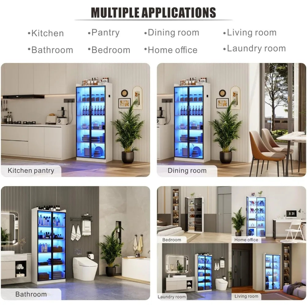 Bookcase, 65" Tall Pantry Organizer with Metal Handle/Led Lights/Human Sensor, 5 Tier Display Bookcase