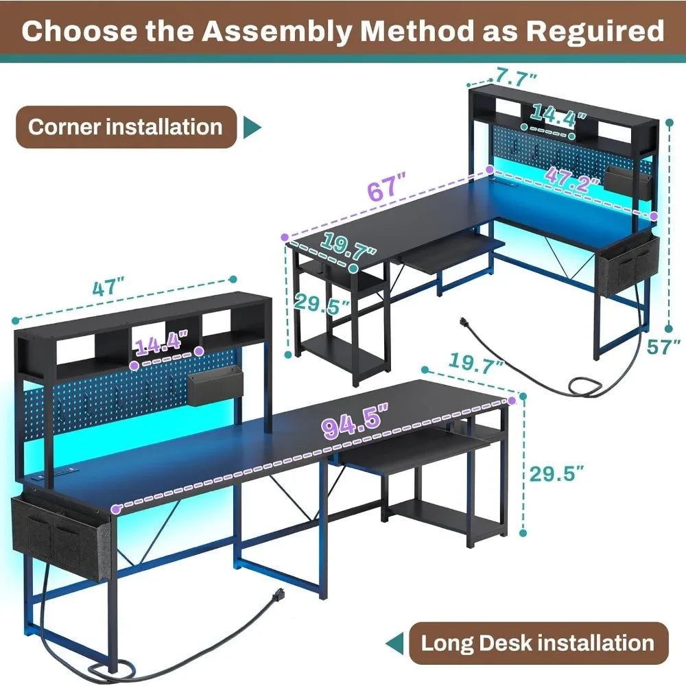 L-Shaped Game Table, Reversible Computer Desk with Power Socket and Pin Board, LED Light, Keyboard Tray for Home Office, Black