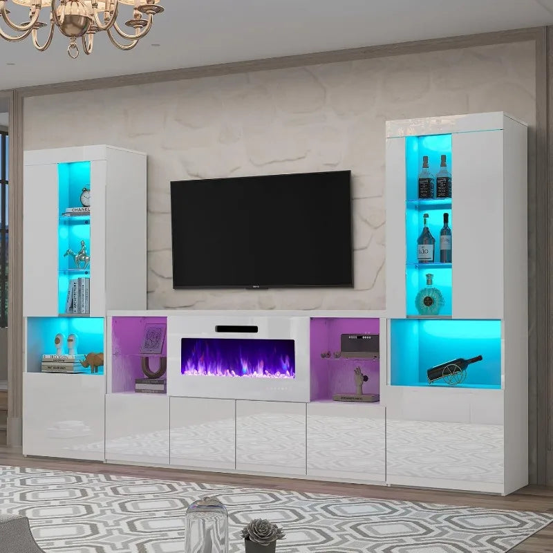 3 Piece Modern High Gloss Fireplace TV Stand + Bookcase Set ， Includes 68" TV Stand with 40" Fireplace, 2 X Bookcase with Doors