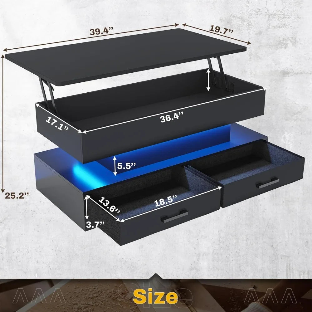 Lift Top Coffee Table, Coffee Tables with Storage for Living Room, Small Coffee Table with 2 Fabric Drawers & LED Light