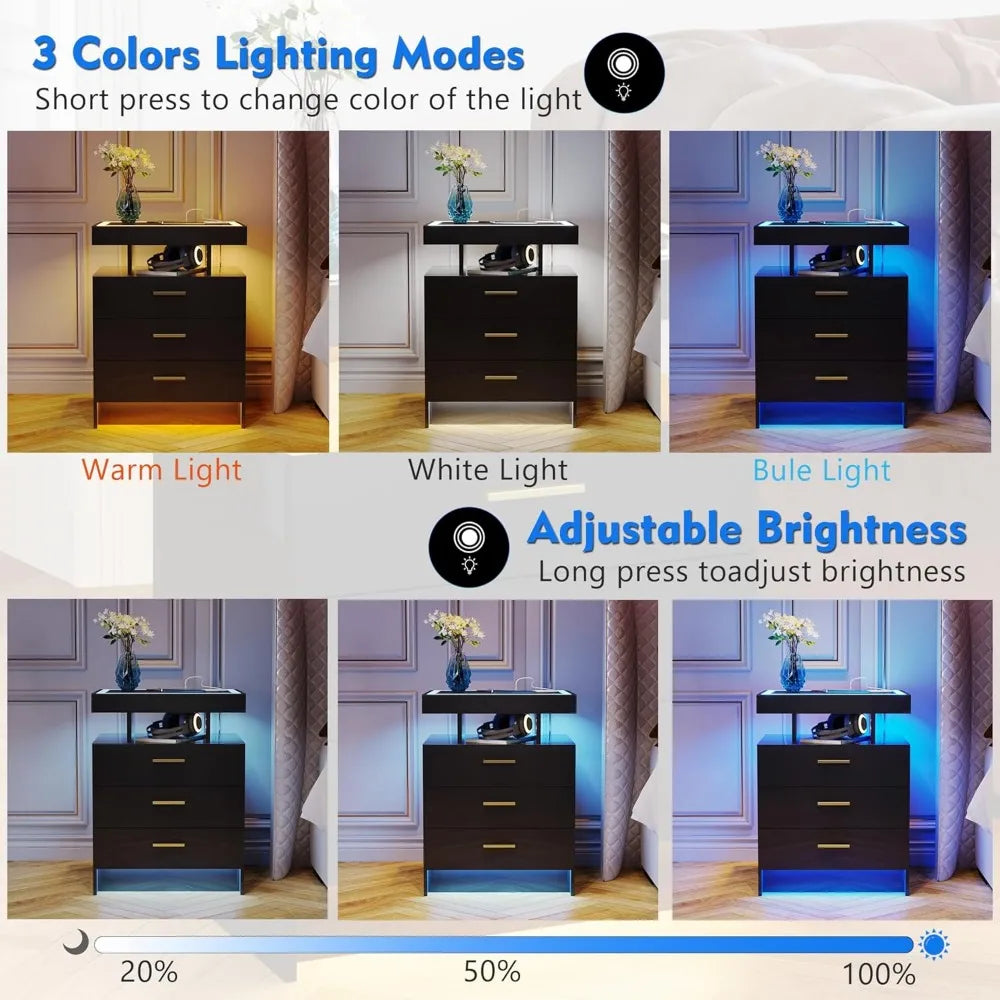 LED Nightstand with Wireless Charging Station with 3 Drawers & 3 Open Compartments, Nightstand