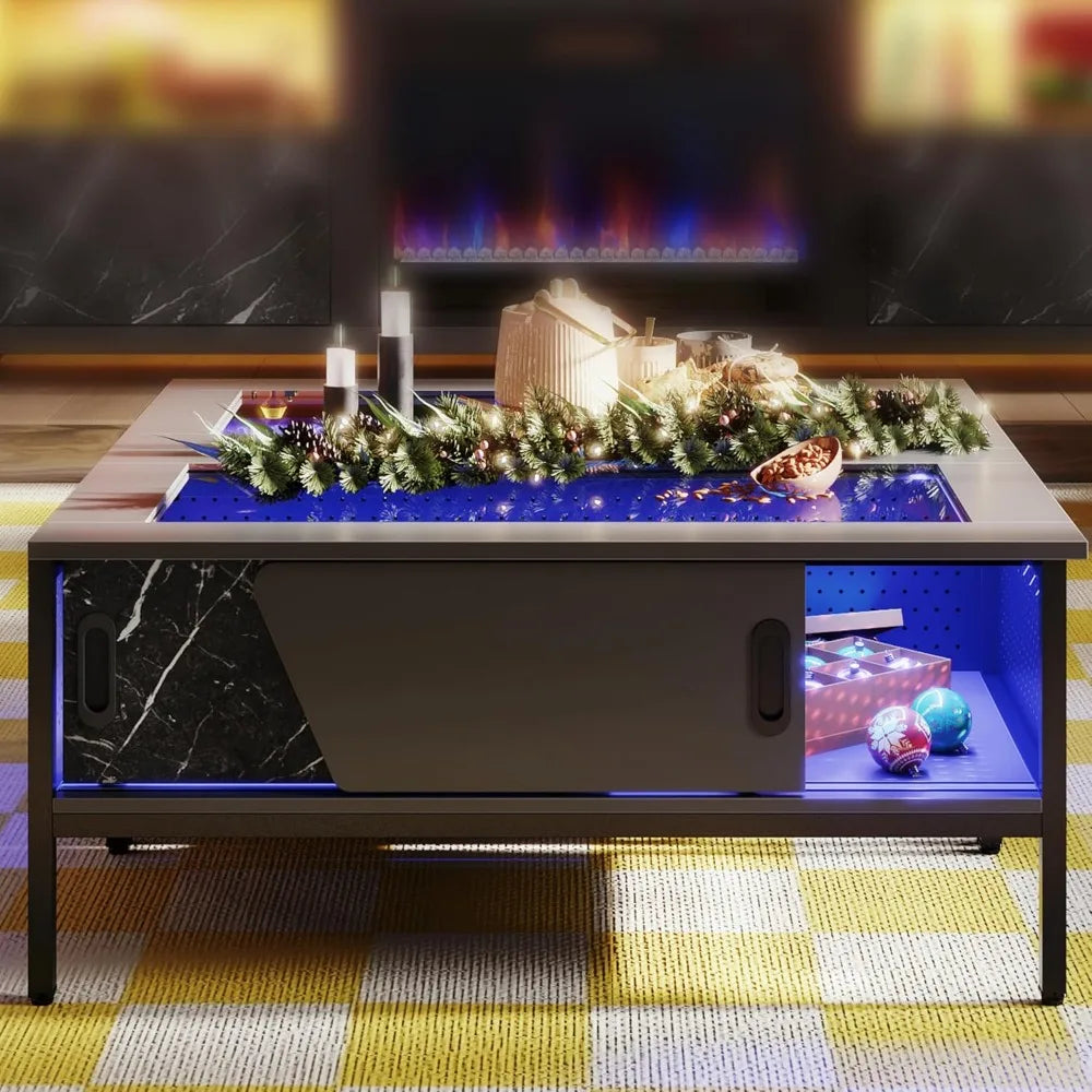 42 Inch LED Table with Storage Glass Coffee Tables for Living Room with Sliding Doors, Black Living Room Center Table