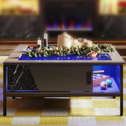 42 Inch LED Table with Storage Glass Coffee Tables for Living Room with Sliding Doors, Black Living Room Center Table