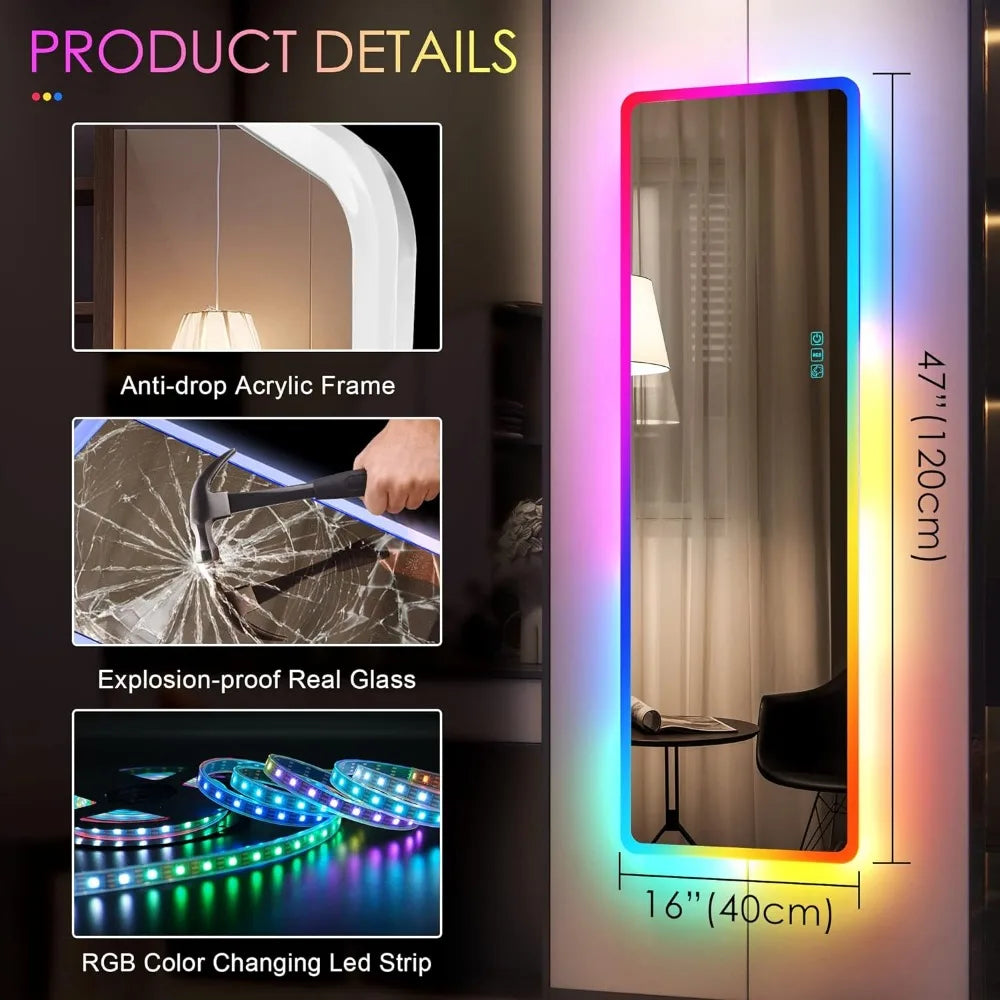 Full Length Mirror with LED Lights,Wall Mounted Lighted , 14 LED Light + Dimmable Brightness + Adjustable Speed, 47" X 16"
