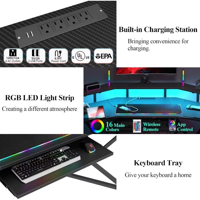 72" Gaming Desk with Power Outlet & Led Strip, Large Wing-Shaped Computer Desk W Monitor Stand & Keyboard Tray & RGB Mouse Pad
