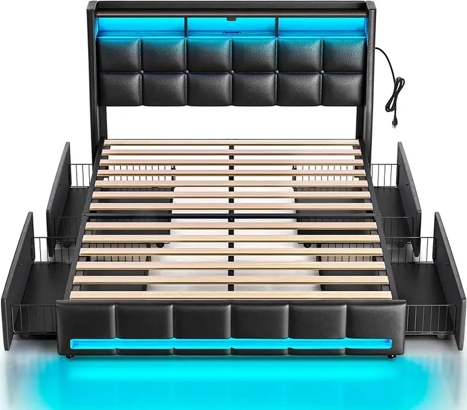 Twin Size Frame with LED Lights and Charging Station, Upholstered Bed Storage Headboard &Amp; Drawers, Heavy Duty