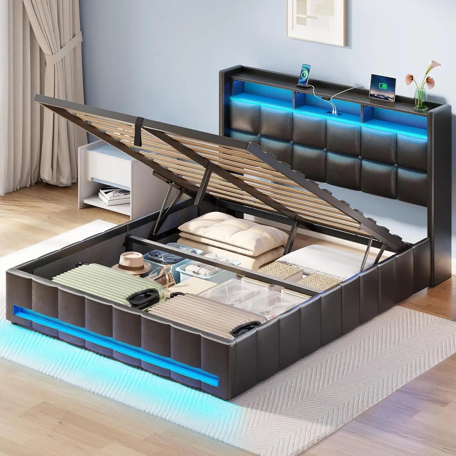 Bed Frame Queen Size with Lift up Storage, Charging Station & LED Lights, Upholstered Storage Headboard, No Box Spring Needed,