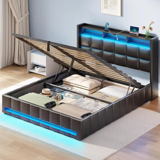 Bed Frame Queen Size with Lift up Storage, Charging Station & LED Lights, Upholstered Storage Headboard, No Box Spring Needed,