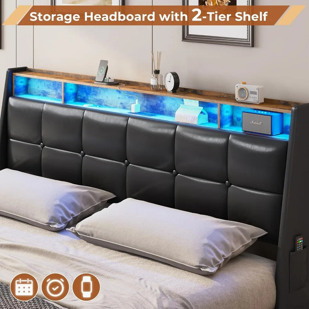 King Size Bed Frame W 4 Storage Drawers,Charging Station and LED Lights,Upholstered Bed Frame W Button Tufted Wingback Headboard