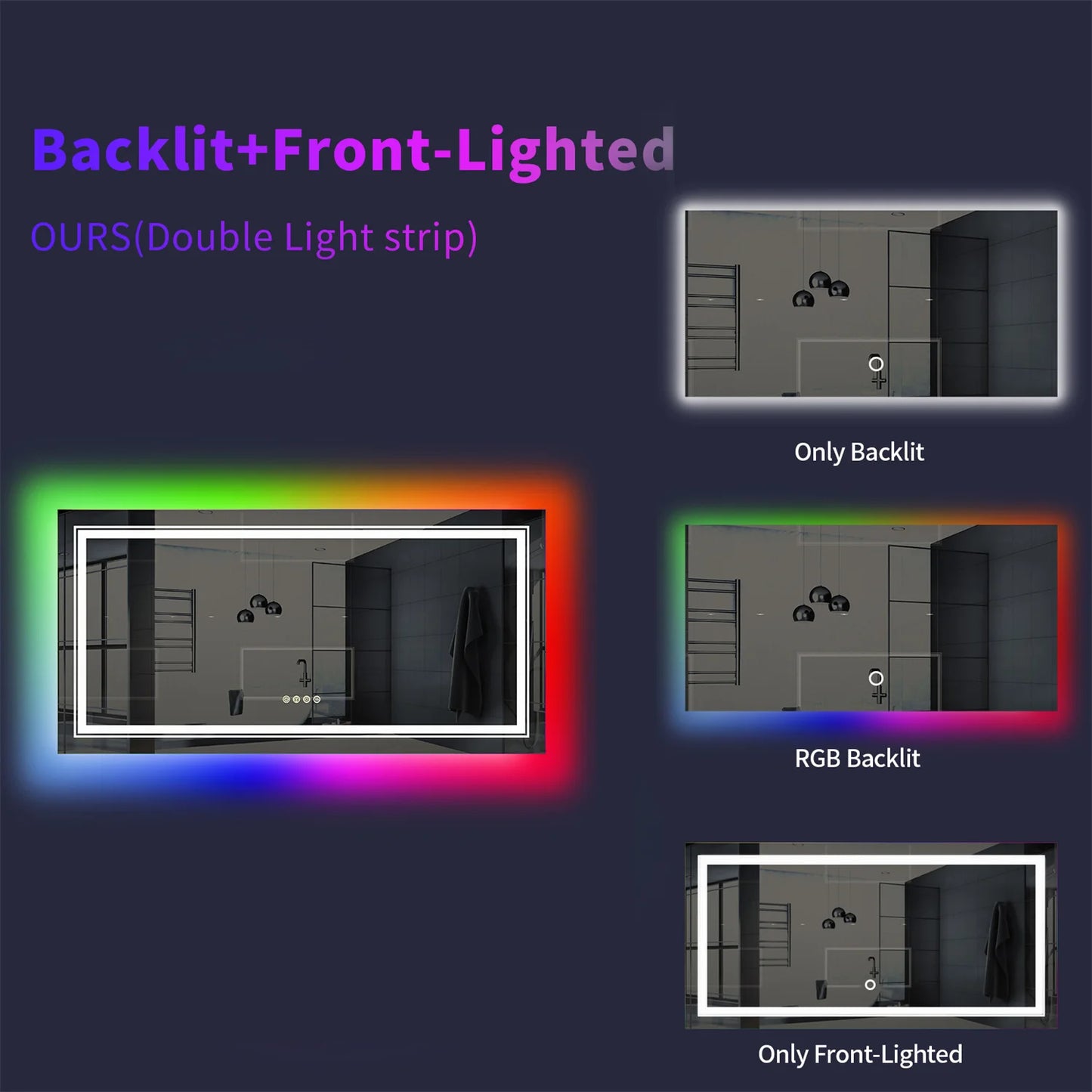 Large Bathroom LED Vanity Mirror RGB Color Changing Backlit Bathroom Mirror Shatterproof Dimmable Anti-Fog Led Mirror