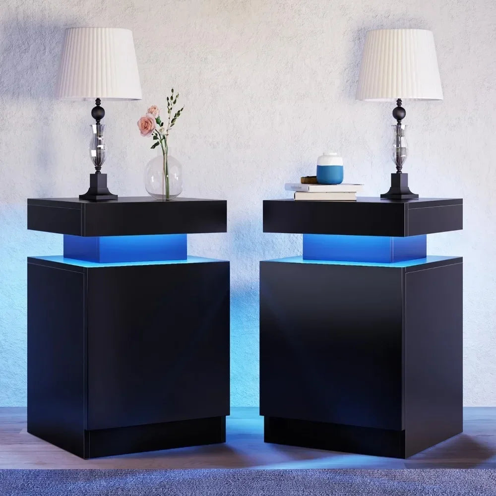 Nightstand with LED Lights,Night Stand with Storage Cabinet for Bedroom,Bedside Table with LED