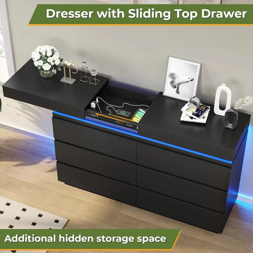 6-Drawer Vanity, Sliding Tabletop, Wide Chest of Drawers with Charging Station and LED Lights, Large Cabinet for Clothes Storage