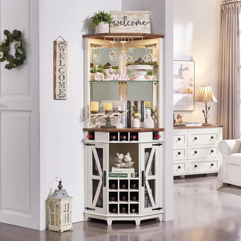 Corner Bar Storage Cabinet, 72" Tall Farmhouse,Home Bar Cabinet W/Led Light & Glass Rack for Living Room, Kitchen, Antique White