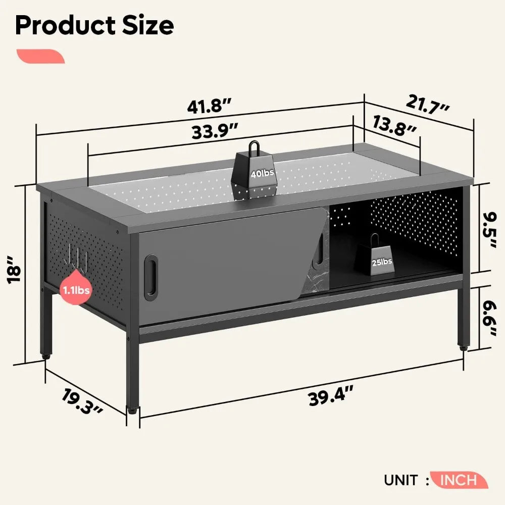 42 Inch LED Table with Storage Glass Coffee Tables for Living Room with Sliding Doors, Black Living Room Center Table