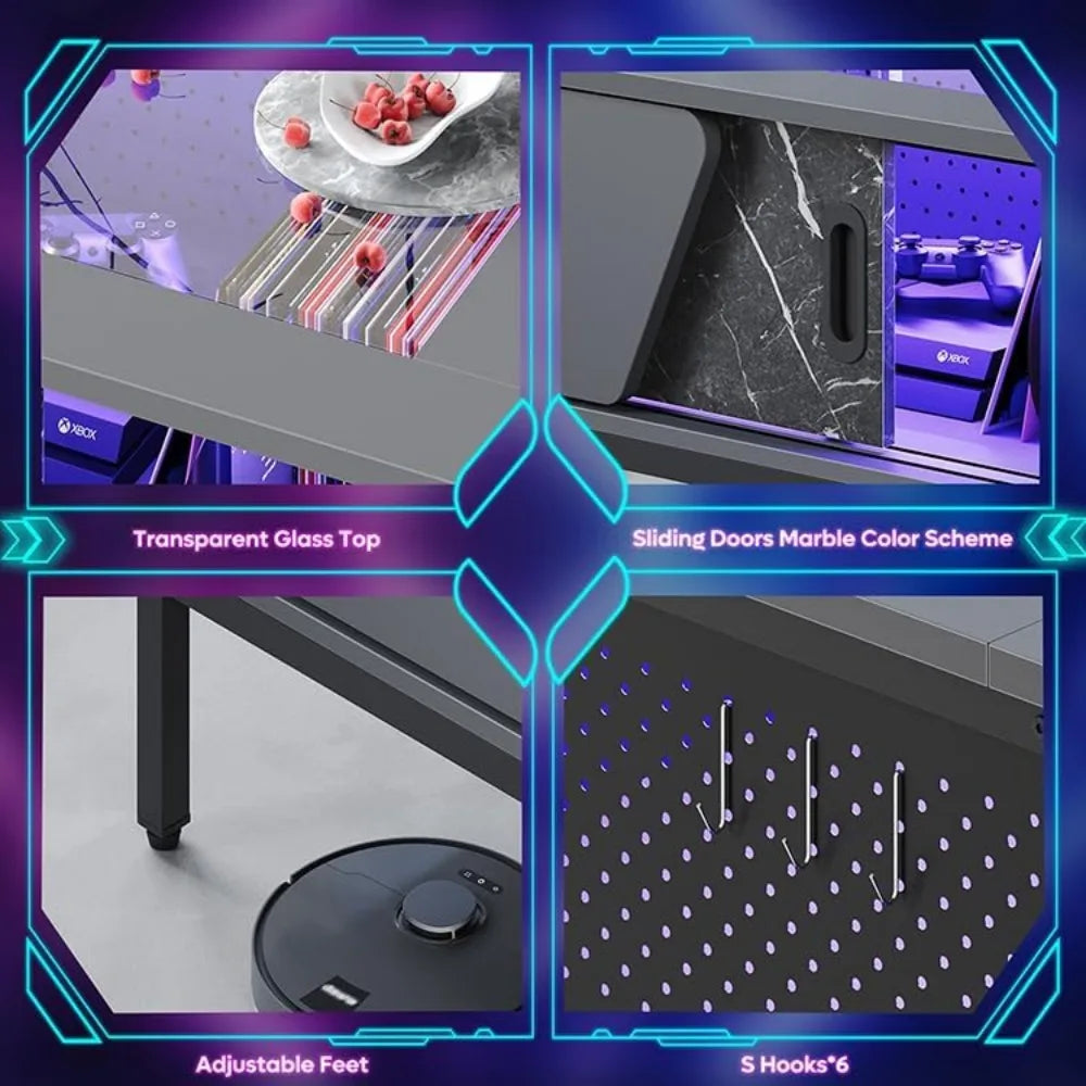 42 Inch LED Table with Storage Glass Coffee Tables for Living Room with Sliding Doors, Black Living Room Center Table
