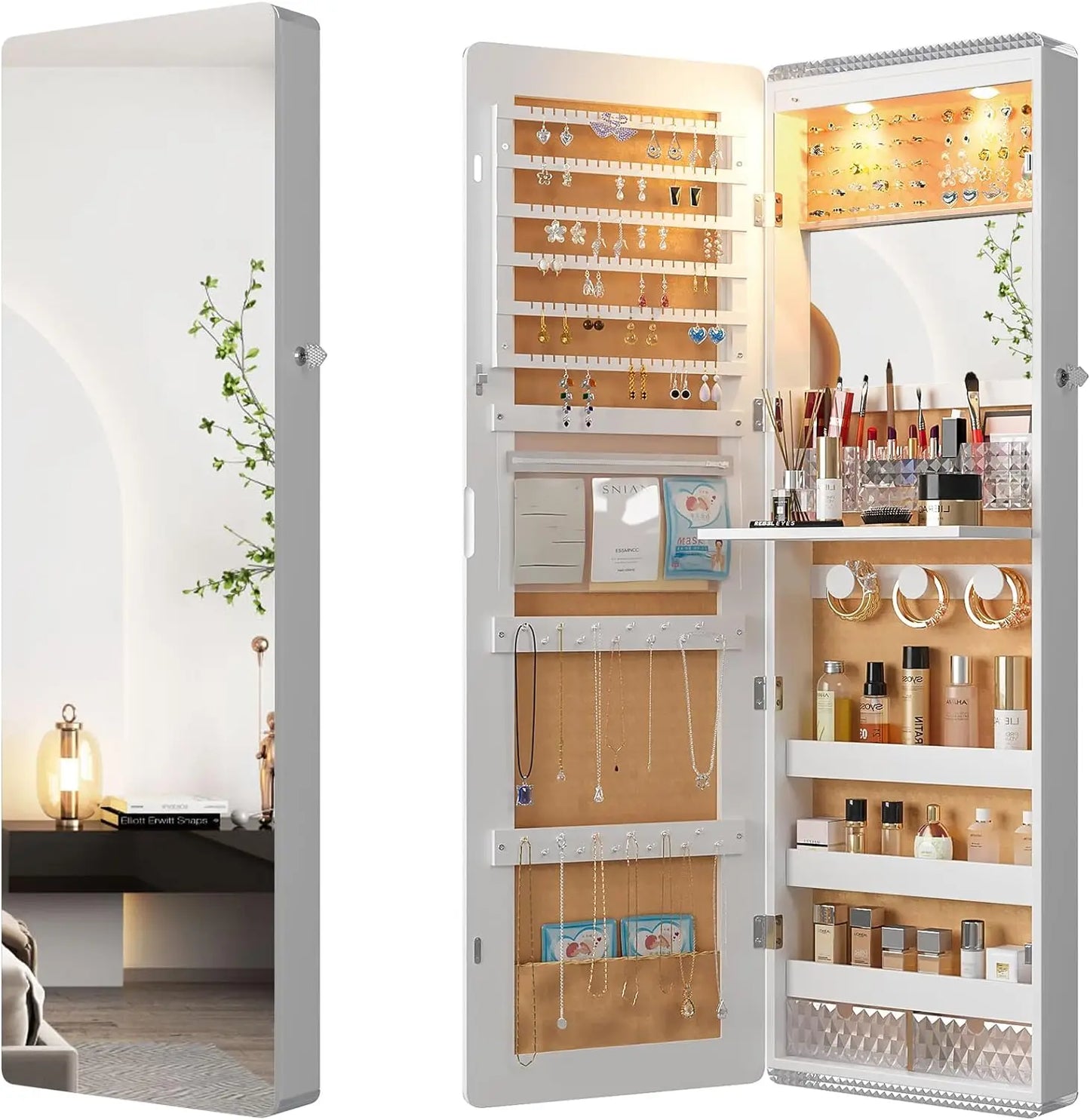 LED Mirror Jewelry Cabinet with RGB Lights,47.2" Wall Mounted Jewelry Organizer with Full-Length Mirror,Over the Door Hanging