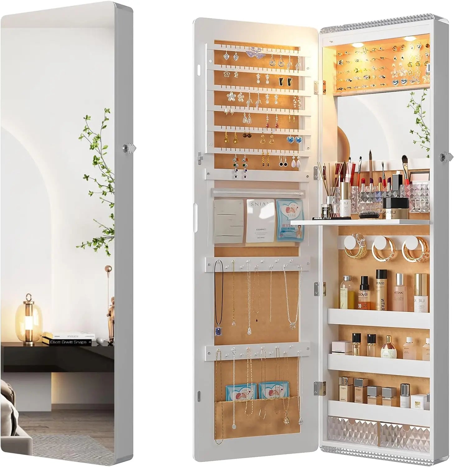LED Mirror Jewelry Cabinet with RGB Lights,47.2" Wall Mounted Jewelry Organizer with Full-Length Mirror,Over the Door Hanging