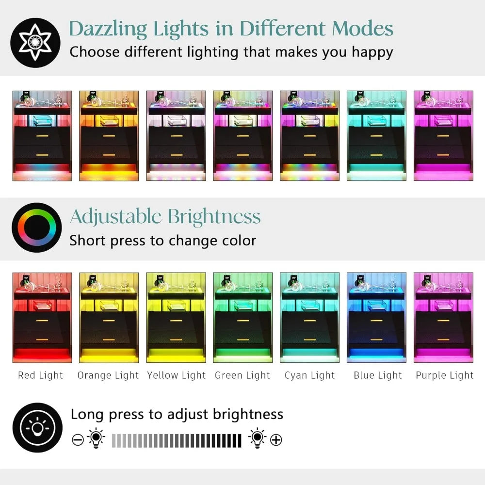 LED Nightstand Set of 2 with Wireless Charging & USB Ports, Dazzling Light, Glass Light Strip Panel, Smart RGB LED Nightstand