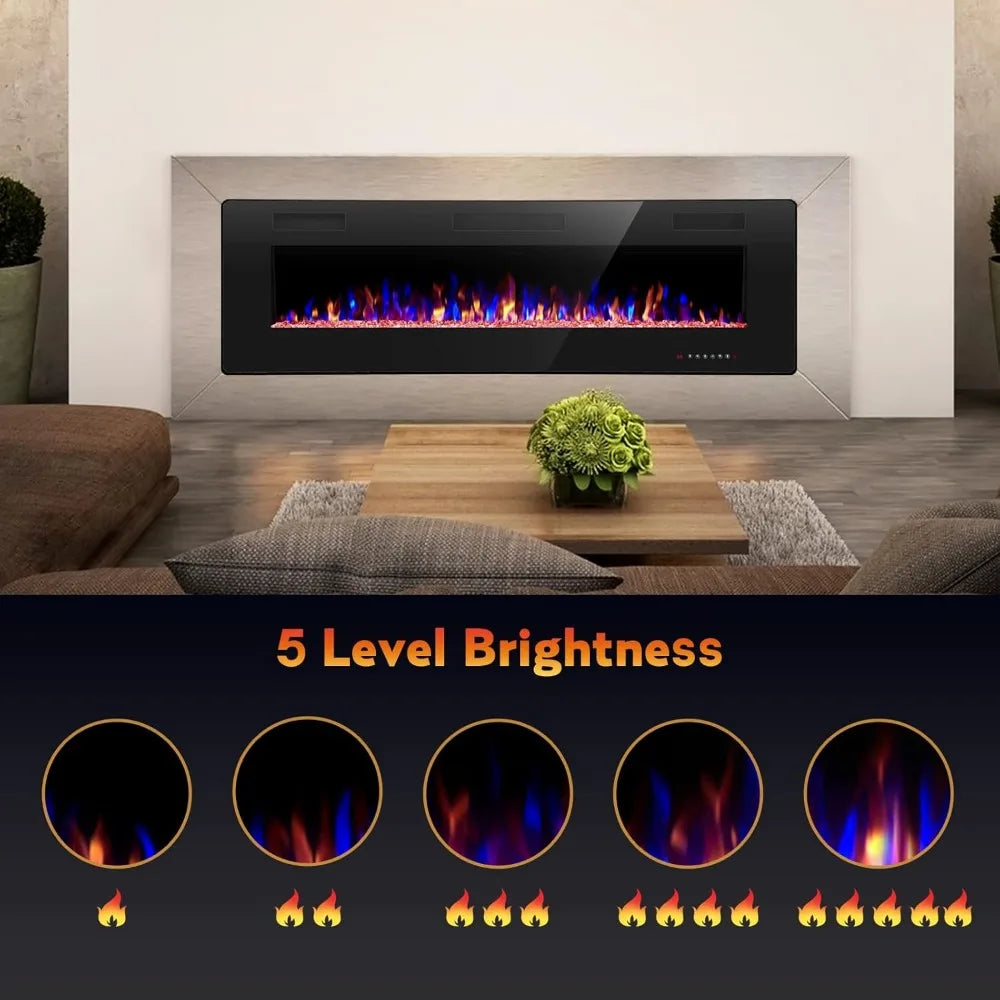60" Recessed and Wall Mounted Electric Fireplace, Low Noise, Remote Control with Timer, Touch Screen, Adjustable Color