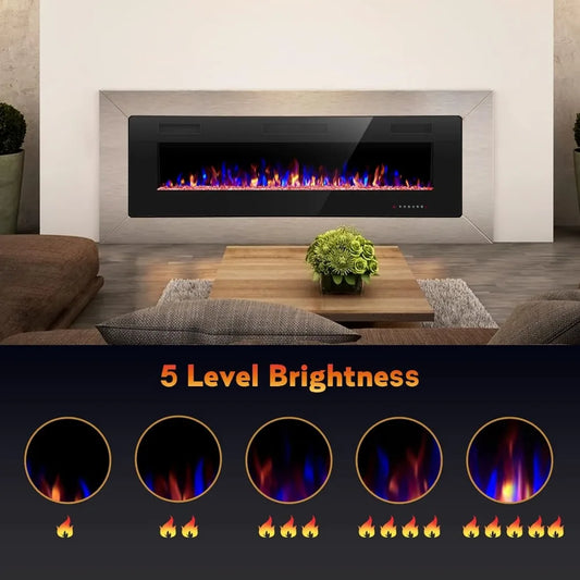 60" Recessed and Wall Mounted Electric Fireplace, Low Noise, Remote Control with Timer, Touch Screen, Adjustable Color