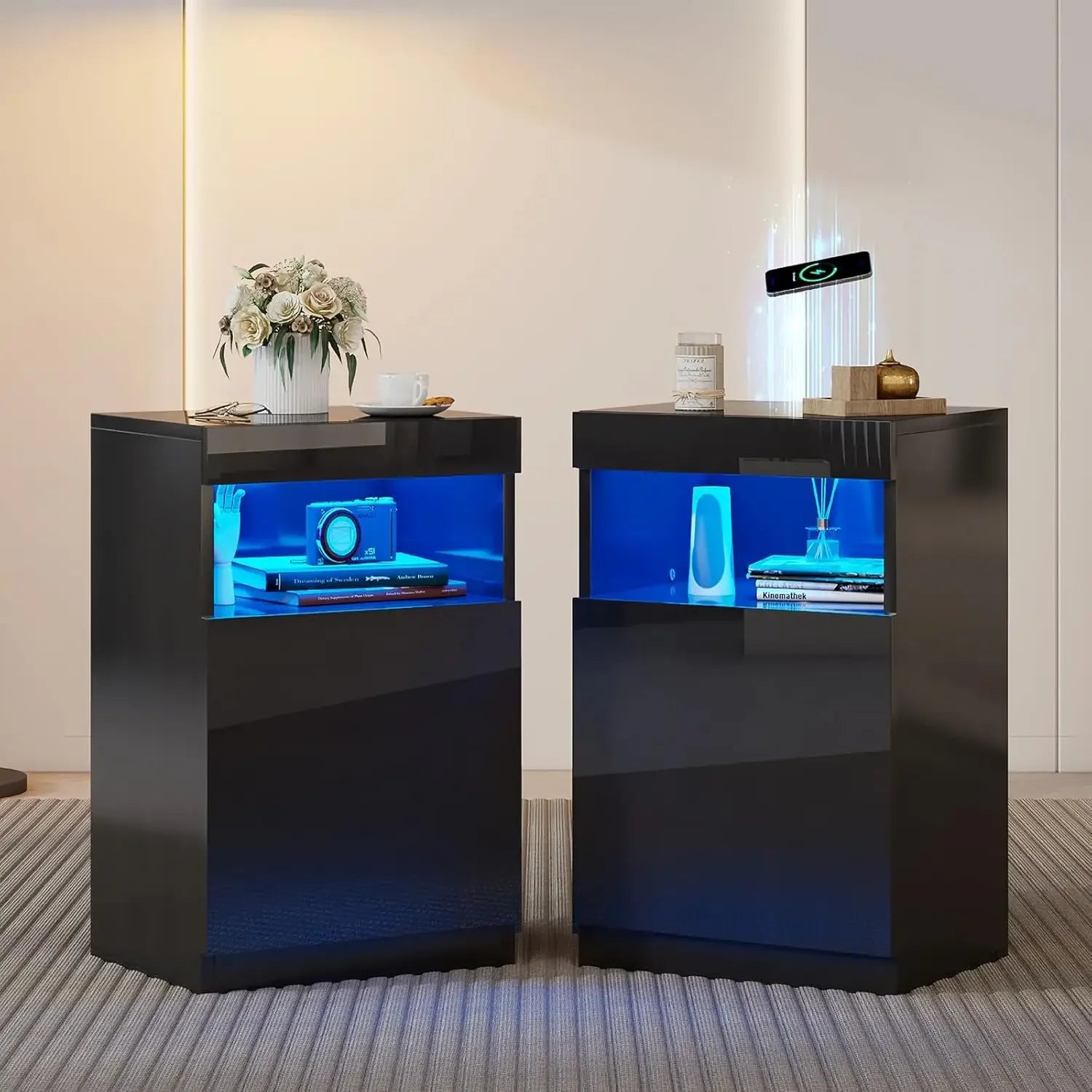 Modern Nightstand Set of 2, LED Nightstand with Wireless Charging Station, Bedside Table Cabinet ，24.4" Bedroom Furniture