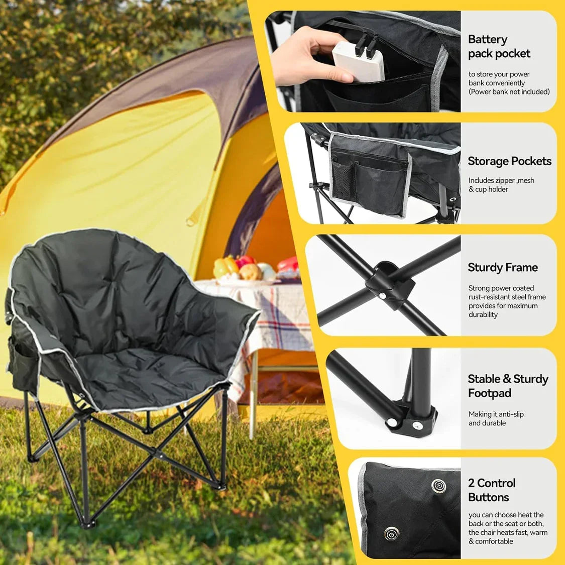 Kinnls Oversized Outdoor Portable Heated Folding Chair Lounge Support 500 Lbs Oxford Fabric Roomy Camping Chair for Fishing