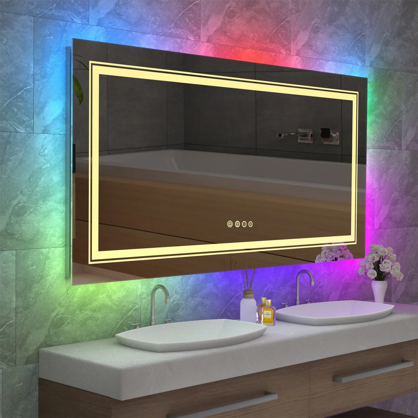 Large Bathroom LED Vanity Mirror RGB Color Changing Backlit Bathroom Mirror Shatterproof Dimmable Anti-Fog Led Mirror