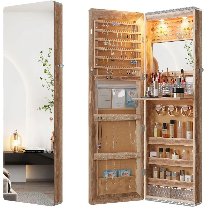 LED Mirror Jewelry Cabinet with RGB Lights,47.2" Wall Mounted Jewelry Organizer with Full-Length Mirror,Over the Door Hanging